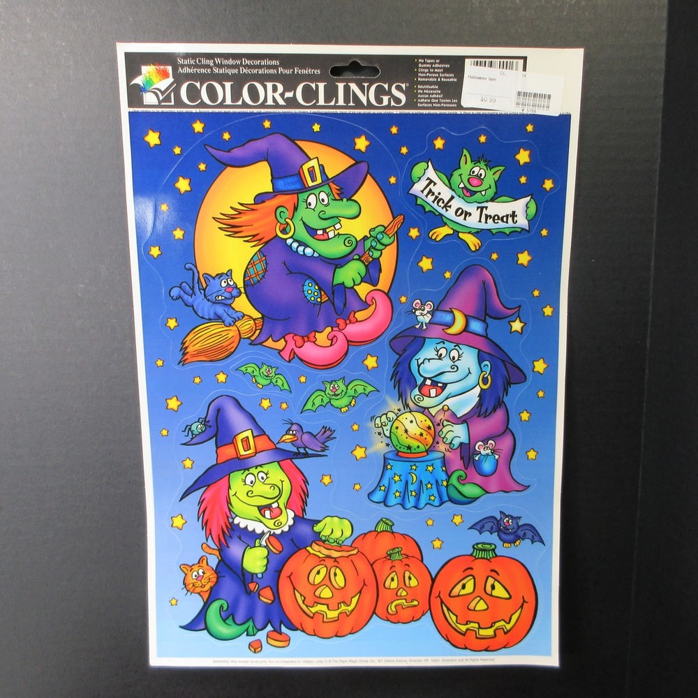COLOR-CLINGS (2) Halloween Static Cling Window Decorations Witches Pumpkins Bats